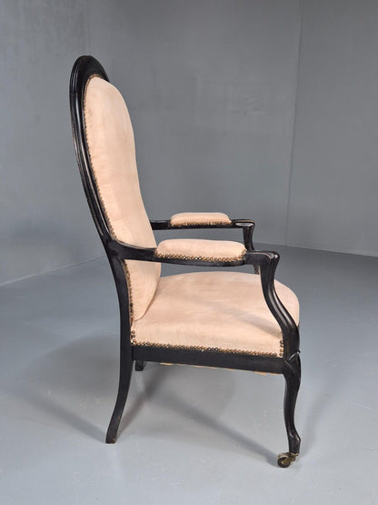 Antique Danish Cream Suede Horseshoe Backed Chair With Castors EB8450 VCLO - UKDK FURNITURE