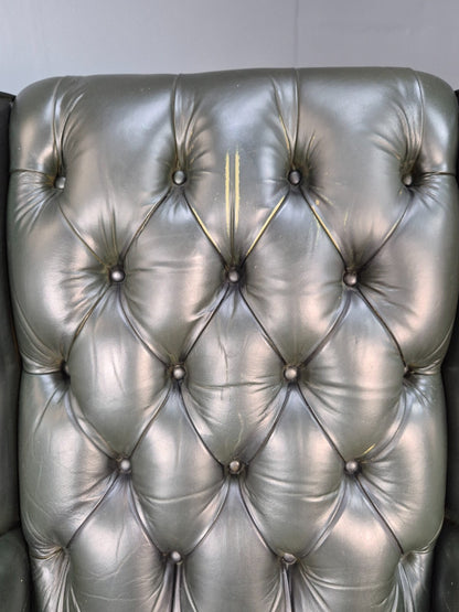Vintage Chesterfield Armchair Green Leather Pleated Button Back EB9485 VLEA - UKDK FURNITURE