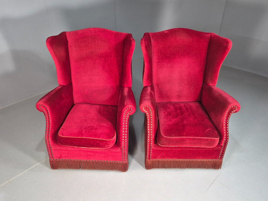 Pair Vintage Danish Wing Back Red Velour Studded Armchairs EB8059 VCLO - UKDK FURNITURE