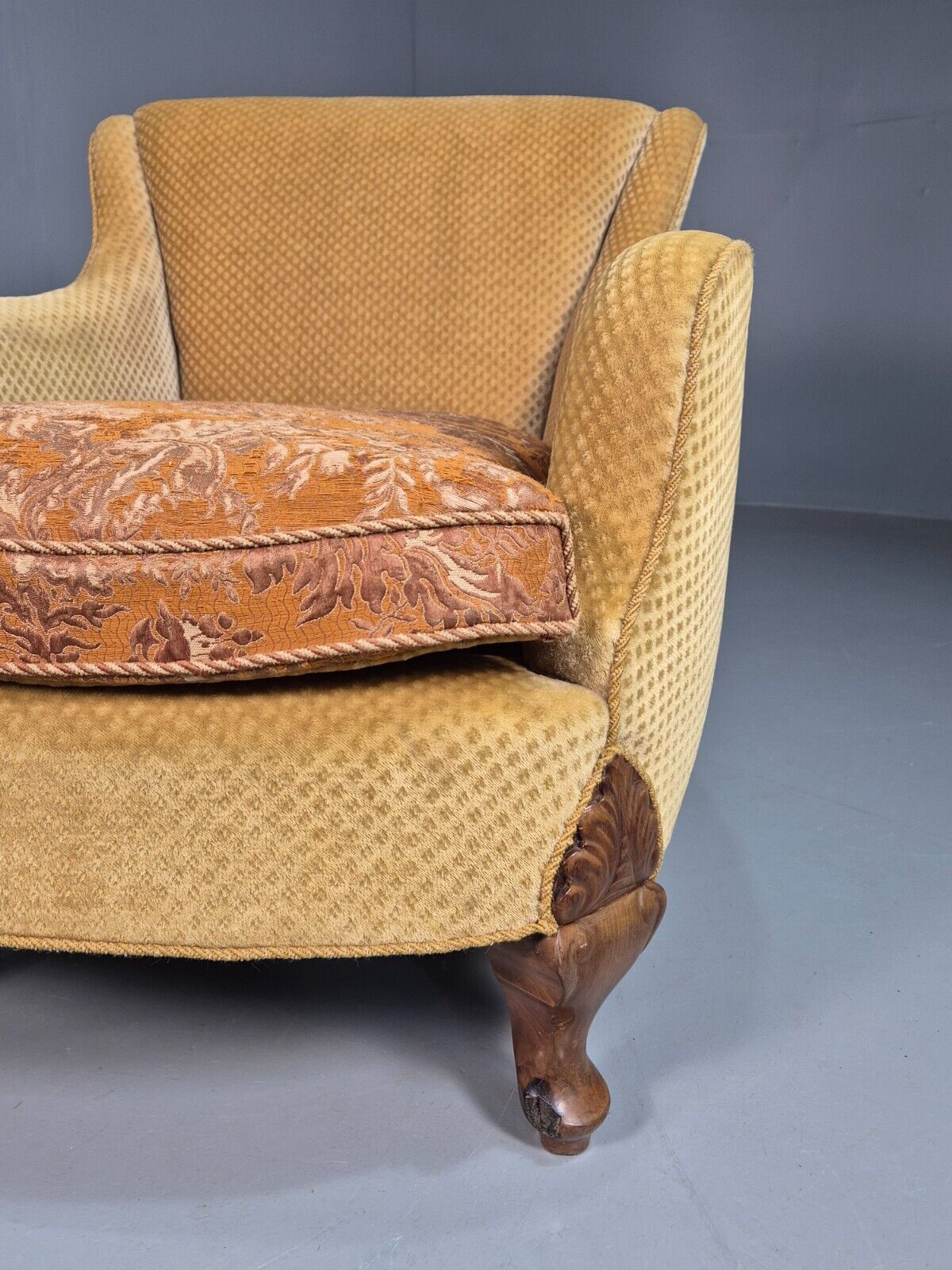 Antique Danish Gold Cotton & Mahogany Armchair EB8053 VCLO - UKDK FURNITURE