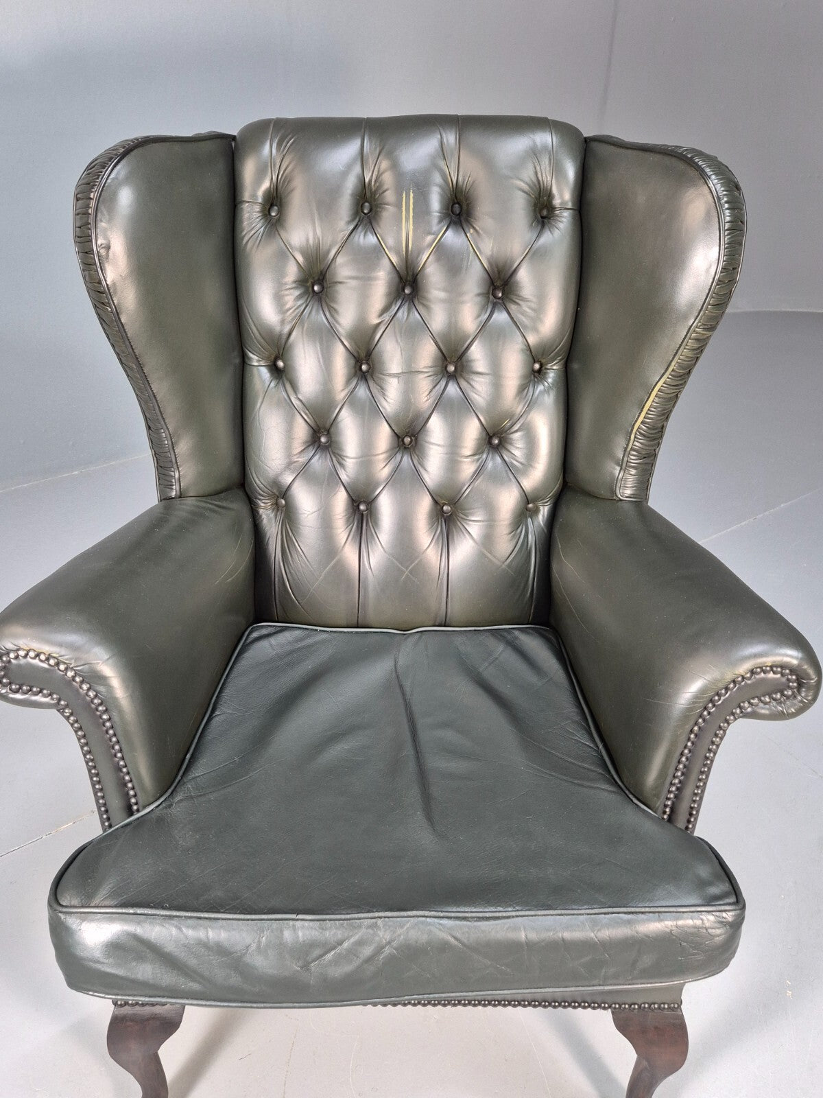 Vintage Chesterfield Armchair Green Leather Pleated Button Back EB9485 VLEA - UKDK FURNITURE