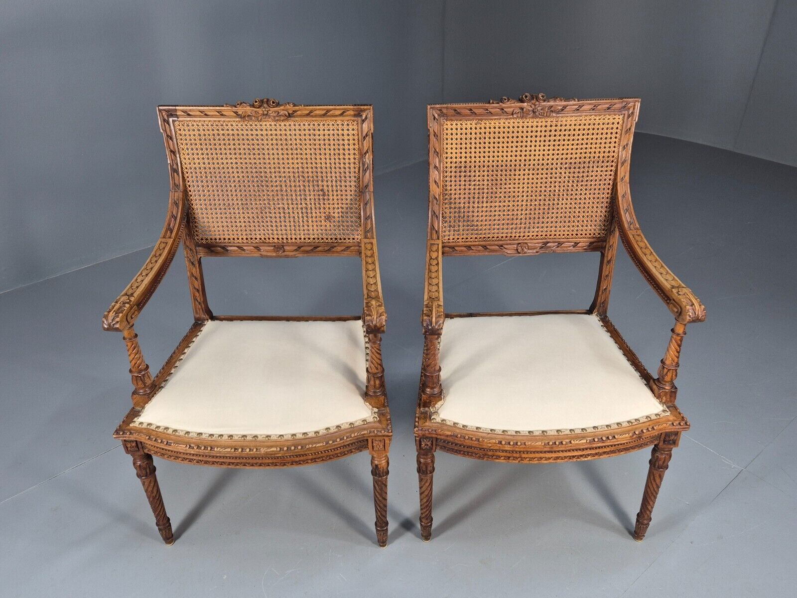 2 Vintage Danish Lounge Chairs Rattan Walnut Louis XVI Style Antique EB8995 VBER - UKDK FURNITURE