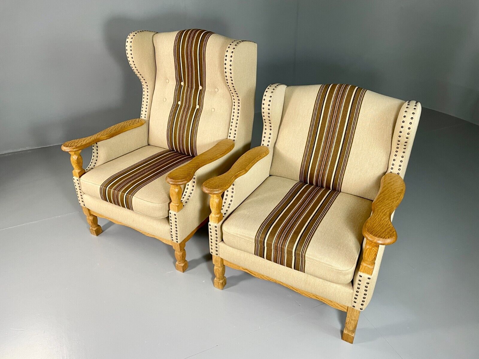EB6491 Vintage Danish Pair of Armchairs Oak Frame Cream and Brown Fabric VCLO - UKDK FURNITURE