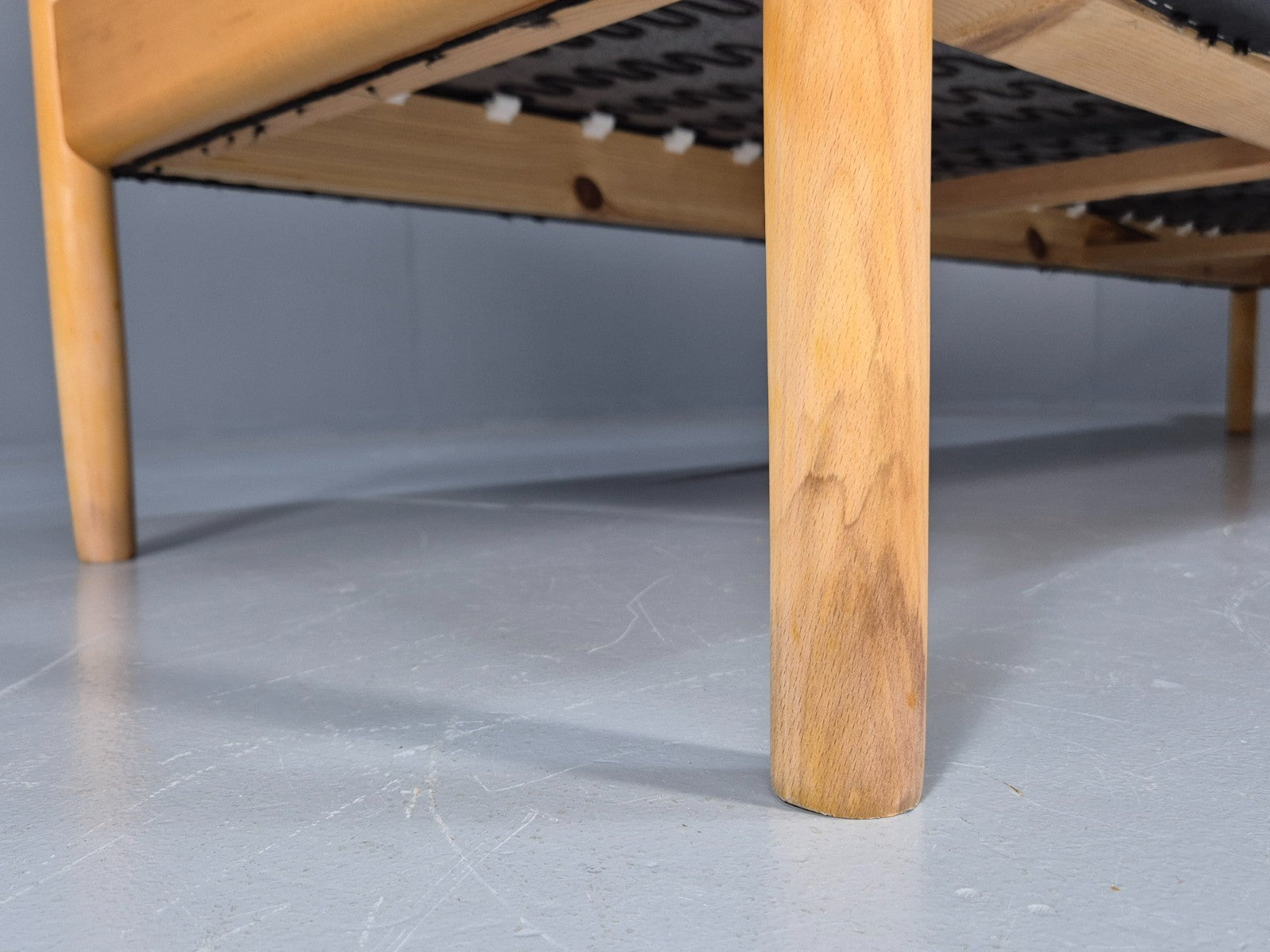 Mid Century Three Seater Sofa Beech Ends Black Leather 1980s Retro EB10399 M3SS18