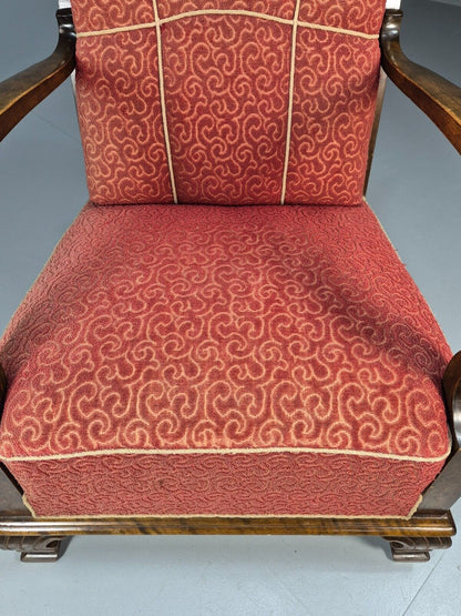 Vintage Danish Lounge Chair Red Moquette Beech Frame 1920s Antique EB8939 VCLO - UKDK FURNITURE