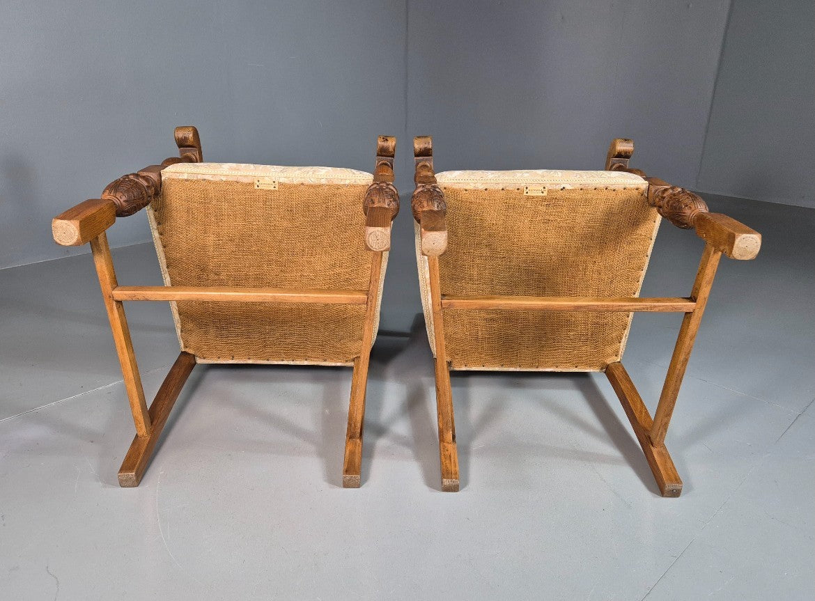 2 Antique Hall Chairs in Oak Frame and Floral Upholstery EB7362 VCAR6