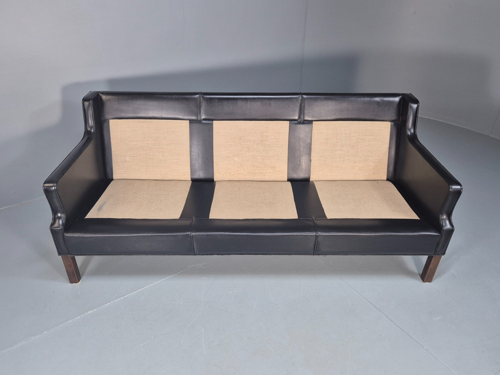 Vintage Three Seat Sofa Black Leather Danish 1960s Mid Century EB10208 M3SS7