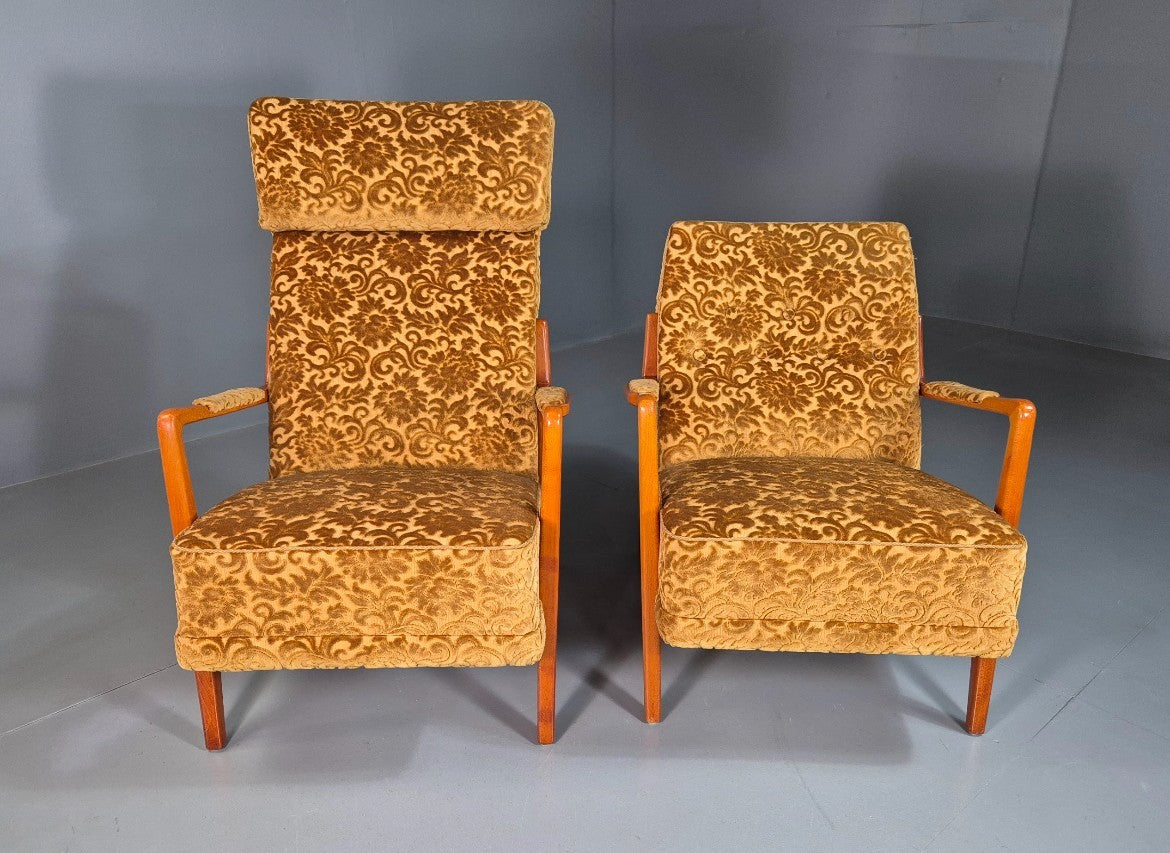 2 Swedish Lounge Chairs Gold Floral Moquette Beech Vintage 1960s MCM EB7031 MNOR2
