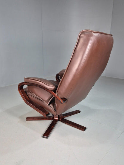 Vintage Danish Swivel Lounge Chair Brown Leather Bentwood 1980 Retro EB8269 MSWI - UKDK FURNITURE