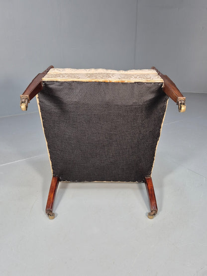 Antique Edwardian Mahogany Armchair Satin Creme Leaf Pattern Fabric EB8446 VCLO - UKDK FURNITURE