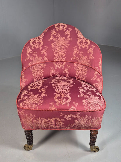 Antique Danish Occasional Chair Pink Satin Floral Motif Oak Brass EB8051 VCLO - UKDK FURNITURE