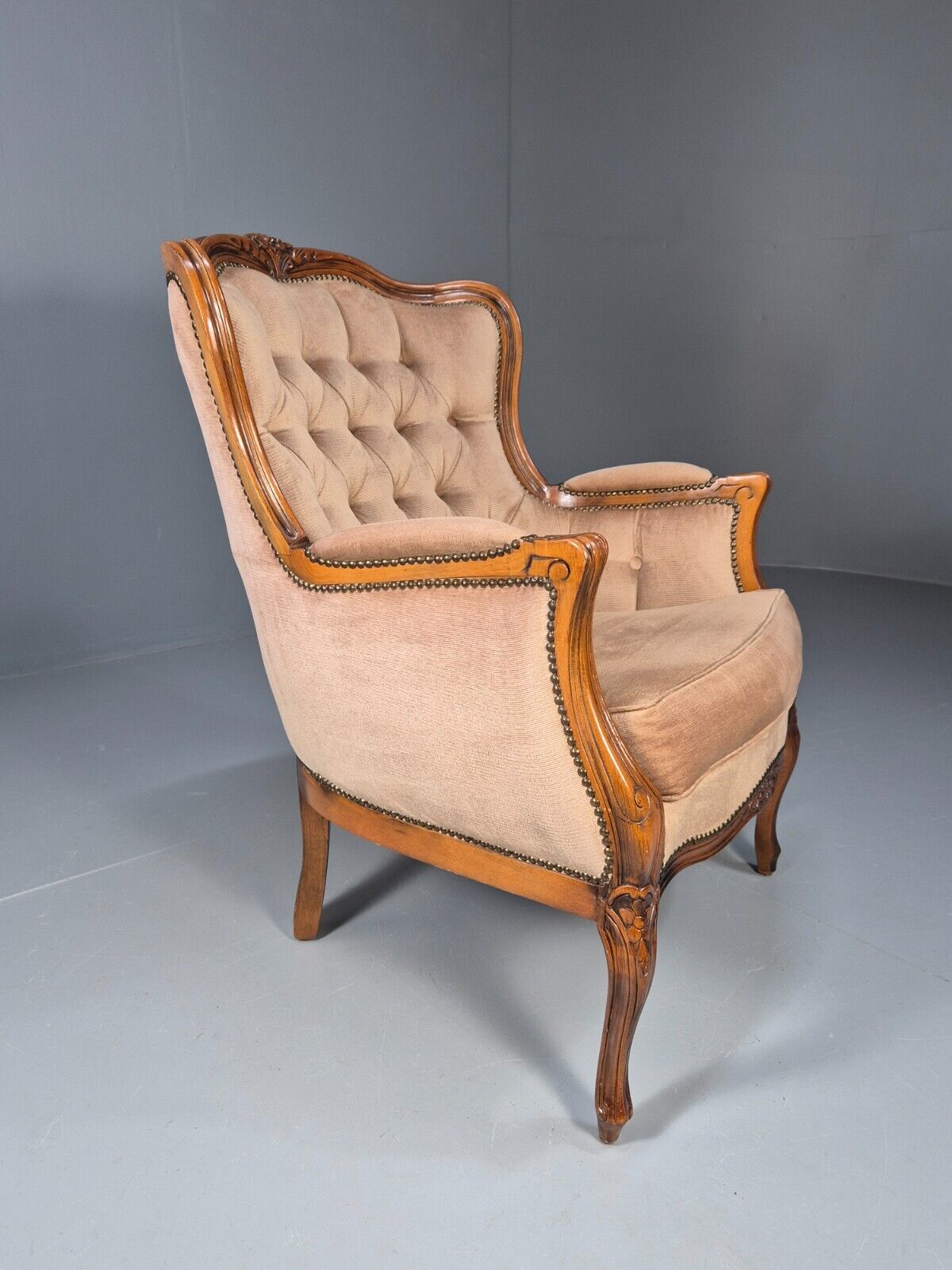Vintage Danish Lounge Chair Beige Velour Beech Antique French Style EB8930 VCLO - UKDK FURNITURE