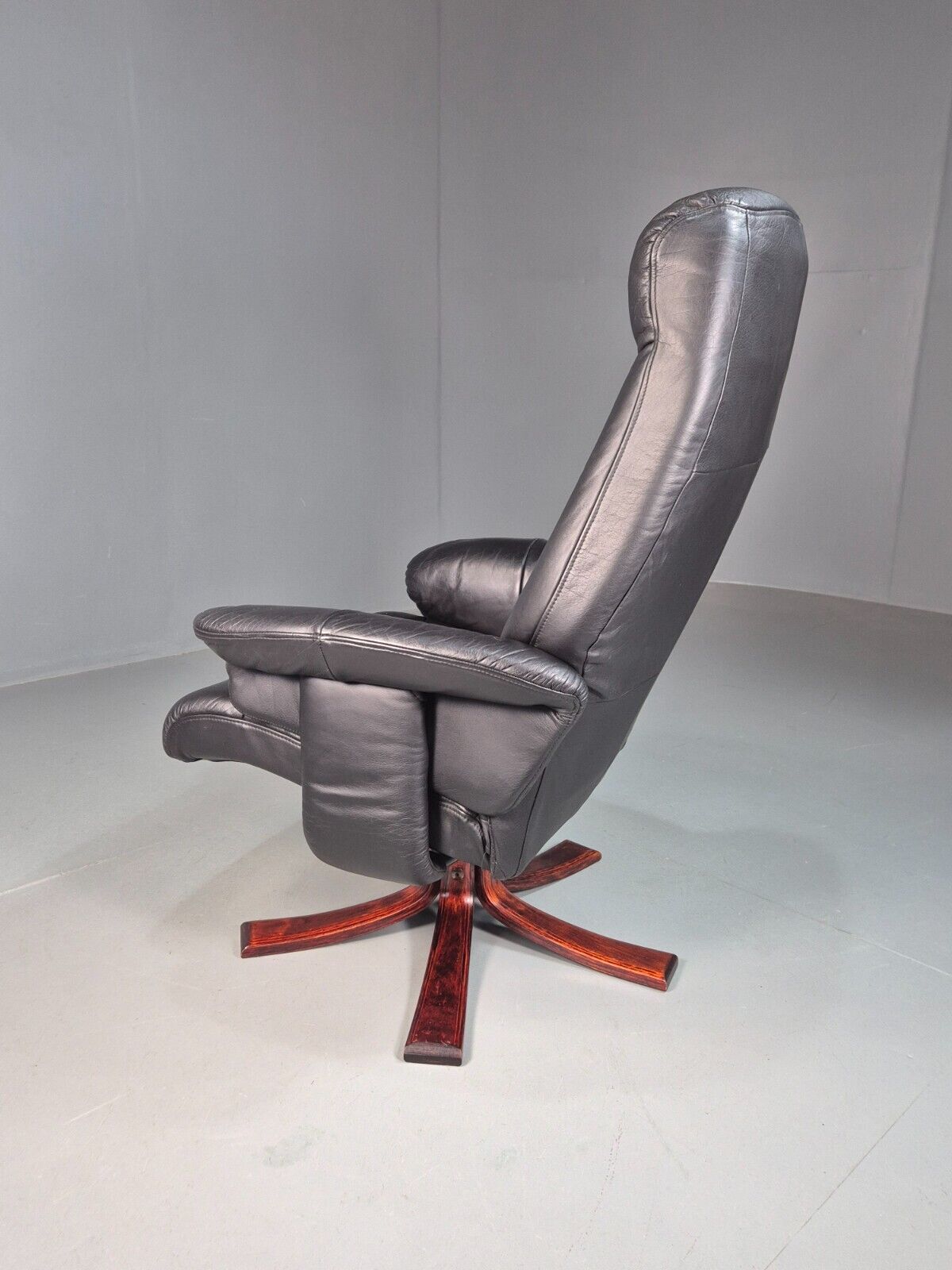 Vintage Danish Swivel Lounge Chair Black Leather Recline 1980 Retro EB8249 MSWI - UKDK FURNITURE