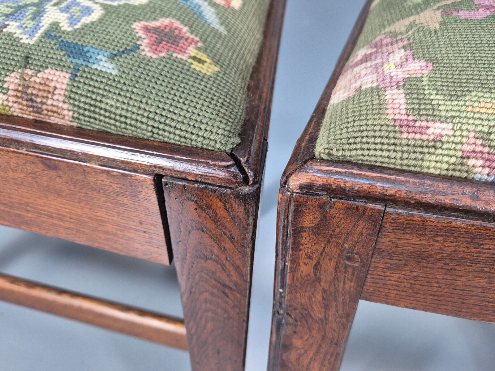 2 Vintage Oak Dining Chairs Green Floral Georgian Style Antique EB9084 VDIN - UKDK FURNITURE