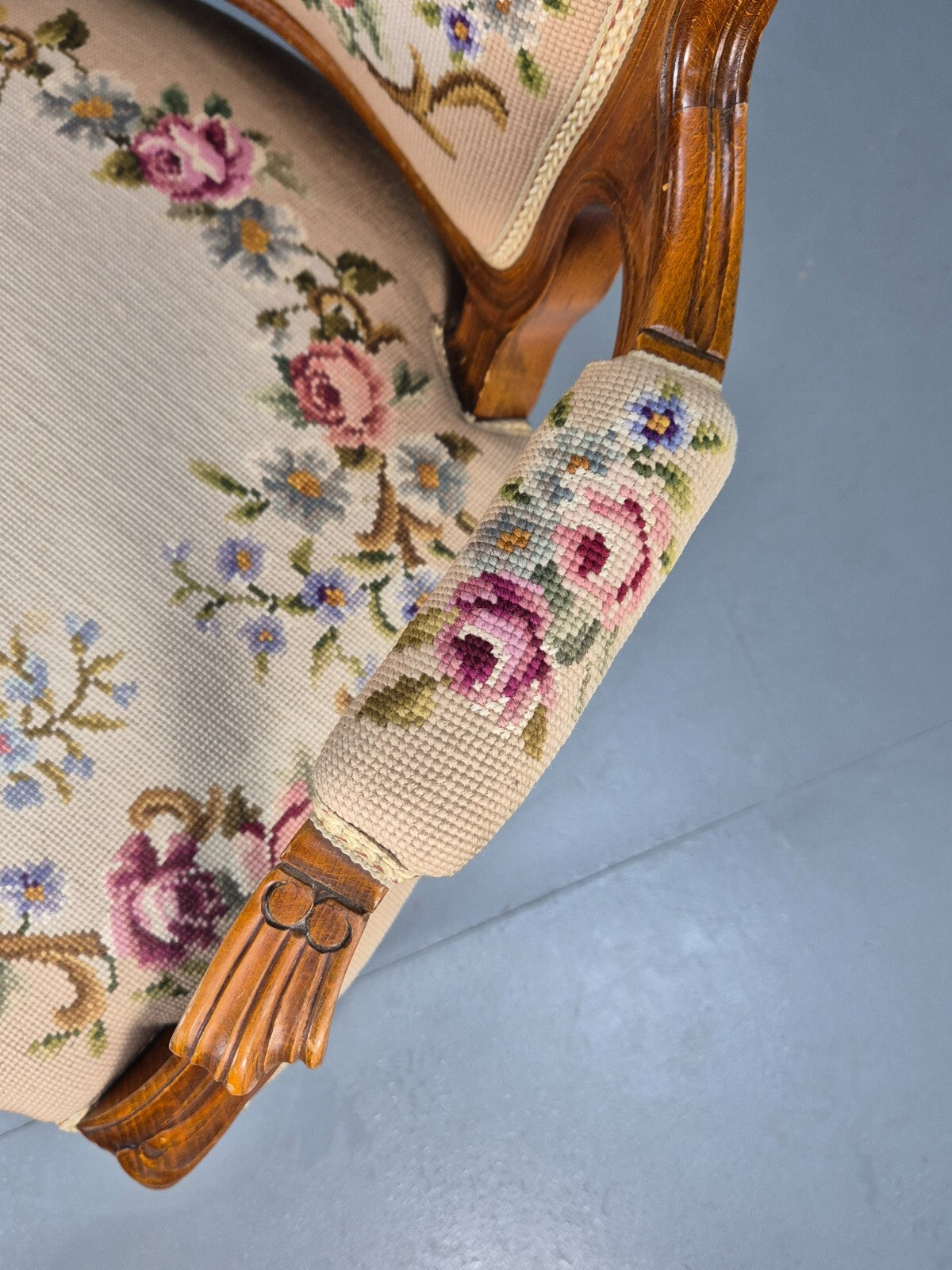 Vintage Armchair Embroidered Floral Pattern Louis XVI Style Beech EB9564 VCLO - UKDK FURNITURE