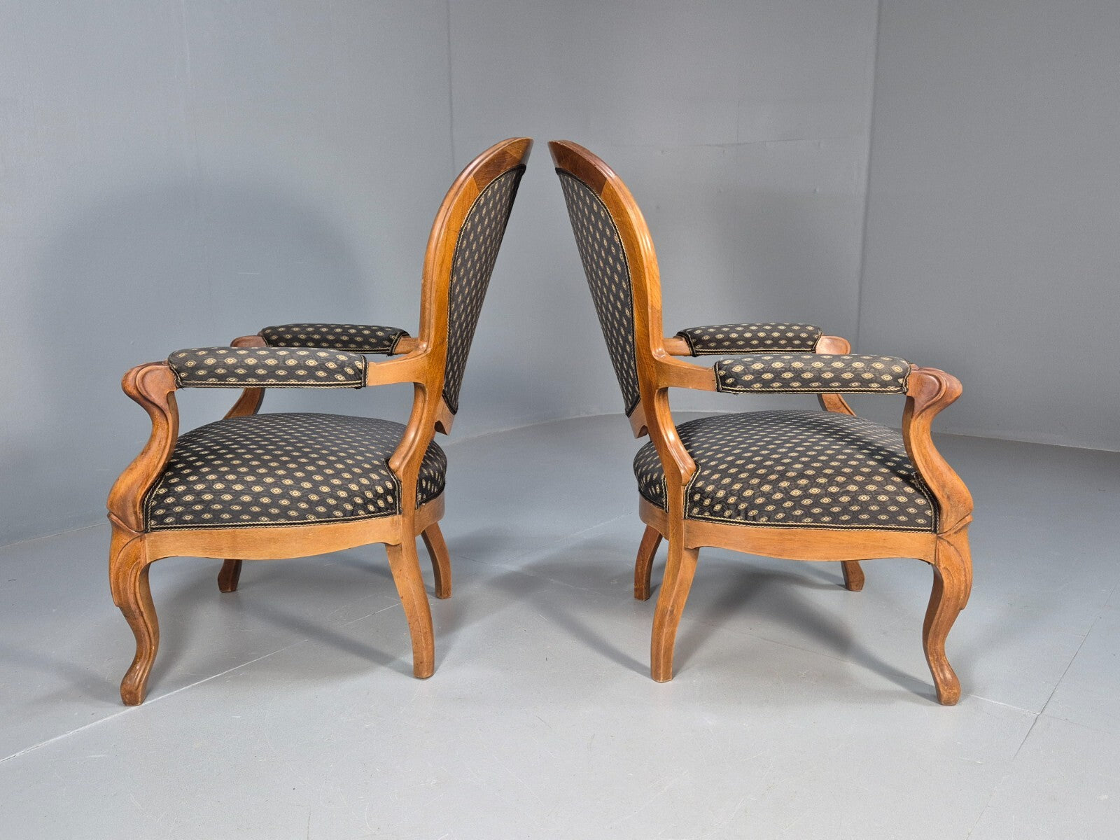 Antique Mahogany Armchair Pair Black Pattern Fabric Louis XV Style EB9558 VCLO - UKDK FURNITURE