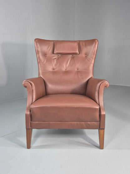 Vintage Mid Century Wing back lounge Chair danish brown Vinyl  EB11818 MNOR2