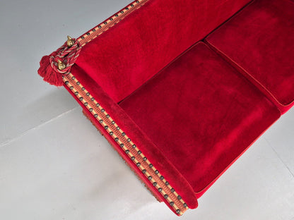 Vintage Danish Knowle Sofa Red Velour Cream Reversible Cushions 60s EB9648 V2SS - UKDK FURNITURE