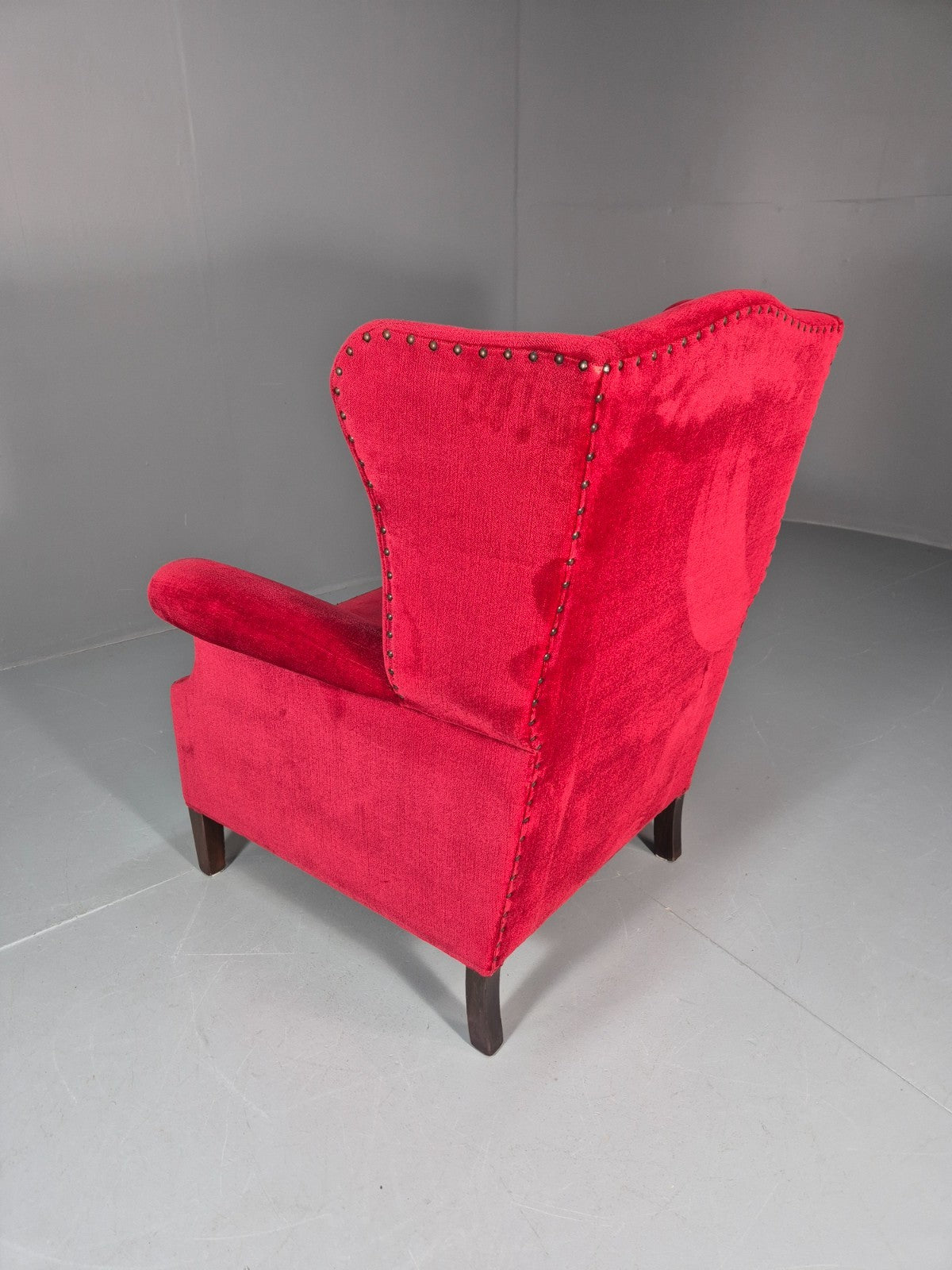 Wing Back Lounge Chair Red Velour Danish 1960s Georgian Style EB10754 VCLO17