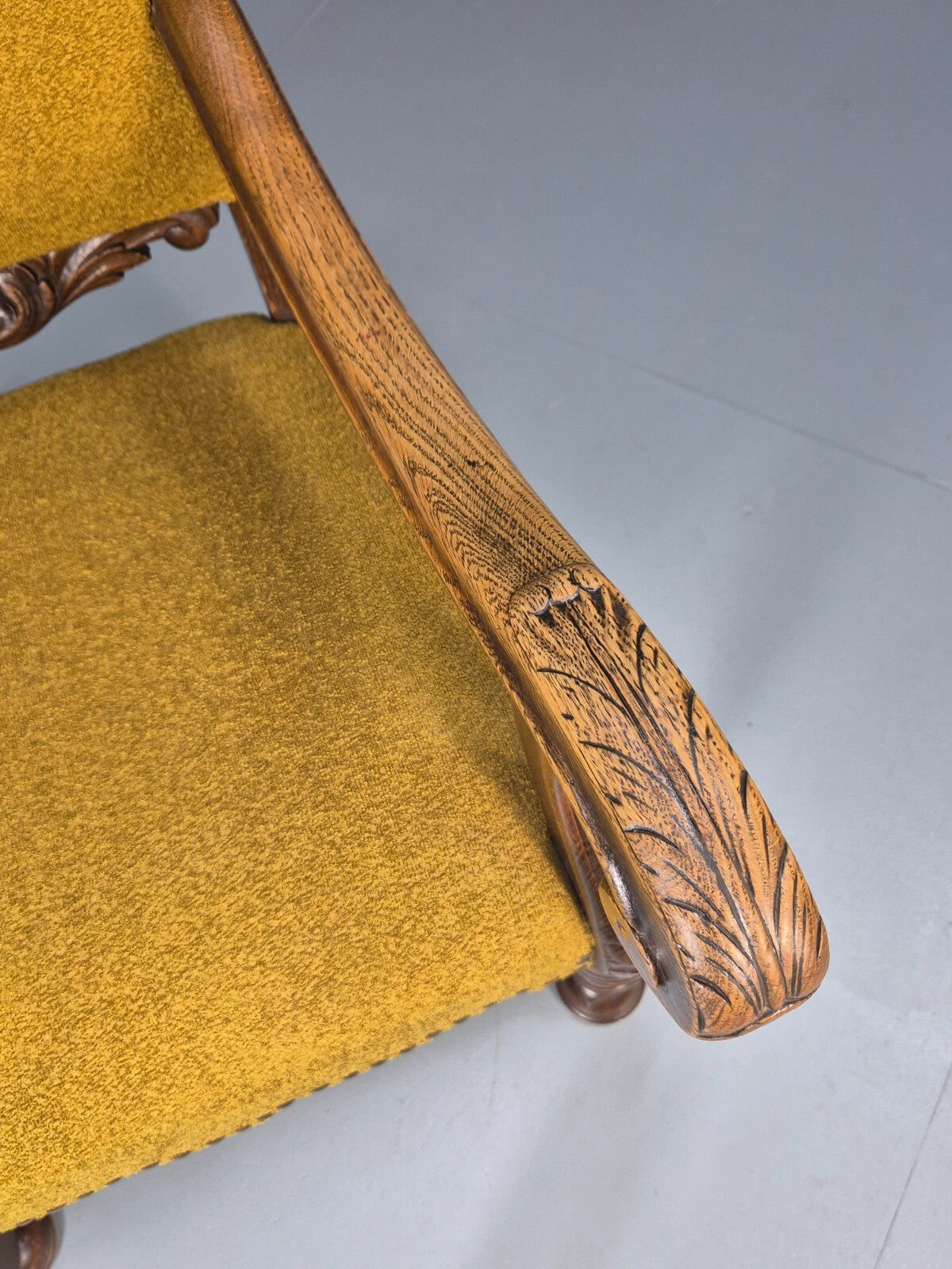 Vintage Danish Elbow Chair Yellow Carved Oak Frame 18th C Style EB9654 VCLO - UKDK FURNITURE