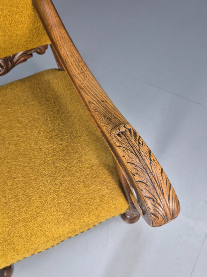 Vintage Danish Elbow Chair Yellow Carved Oak Frame 18th C Style EB9654 VCLO - UKDK FURNITURE