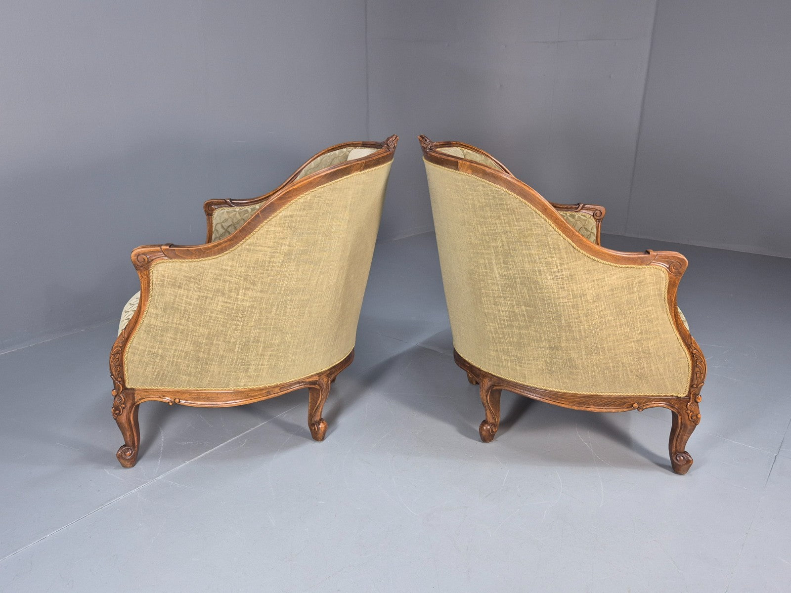2 Antique Tub Chairs Oak Carved Frame Green Patterned Velvet 1920s EB10741 VCAR8
