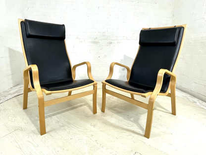 Pair Of Vintage Danish Skippers Bentwood Chairs Black Leather Retro EB4445 MBEN - UKDK FURNITURE