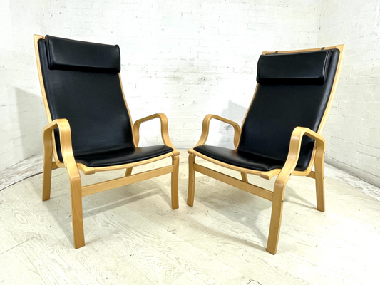 Pair Of Vintage Danish Skippers Bentwood Chairs Black Leather Retro EB4445 MBEN - UKDK FURNITURE