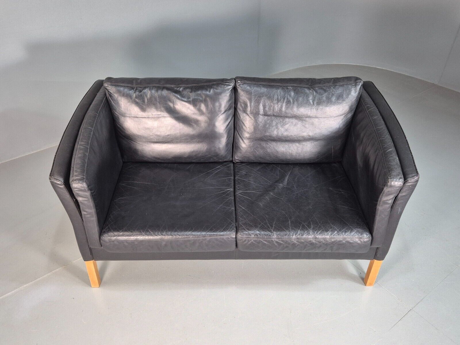 Vintage Danish 2 Seat Sofa Black Leather 1980s Retro MCM EB7625 M2SS - UKDK FURNITURE