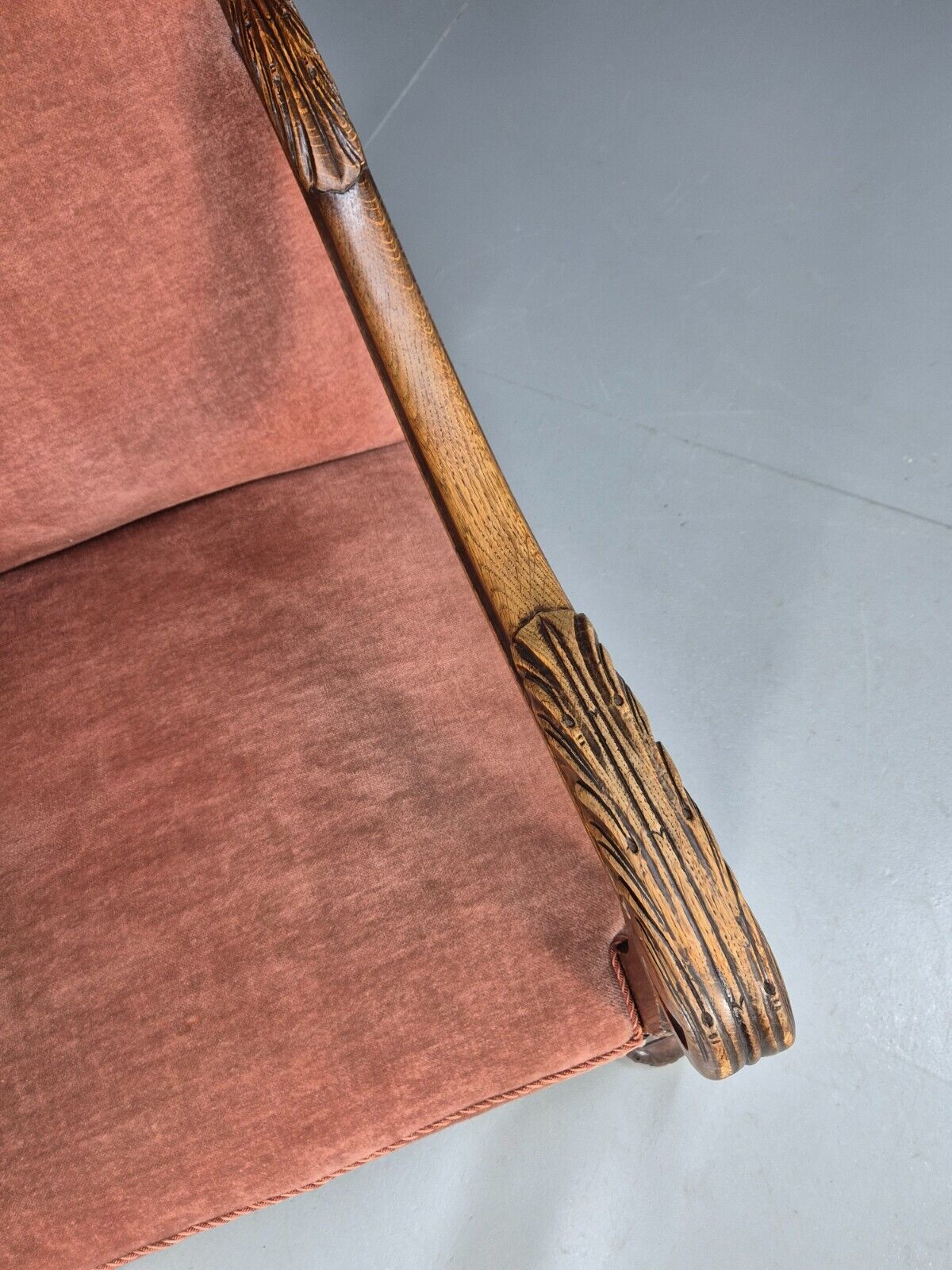Vintage Danish Lounge Chair Pink Peach Velour Oak 17th Century Style EB8970 VCLO - UKDK FURNITURE