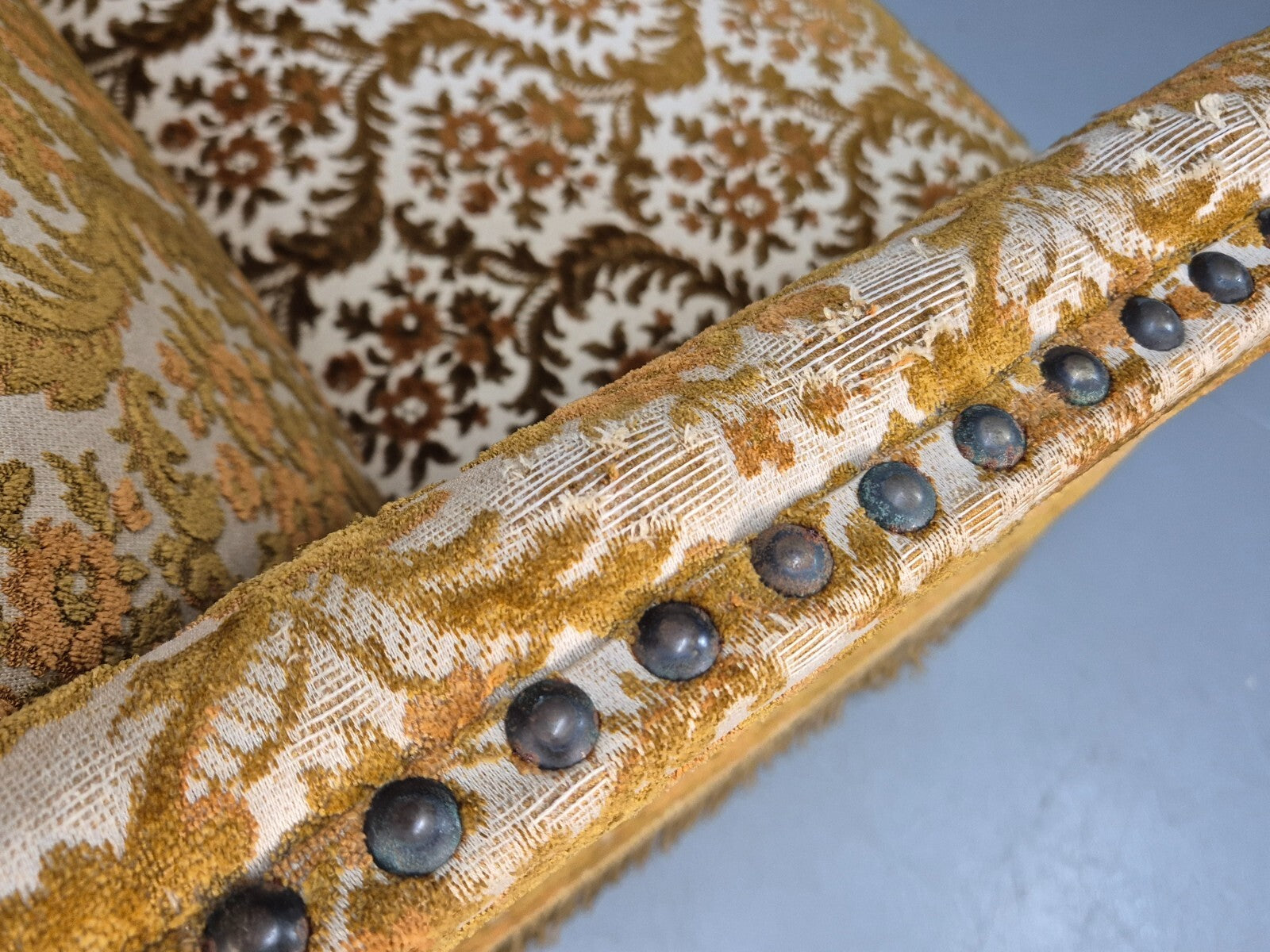 Vintage Danish 2 Seat Sofa Compact and Boxy Gold Moquette Tassels EB9588 V2SS - UKDK FURNITURE