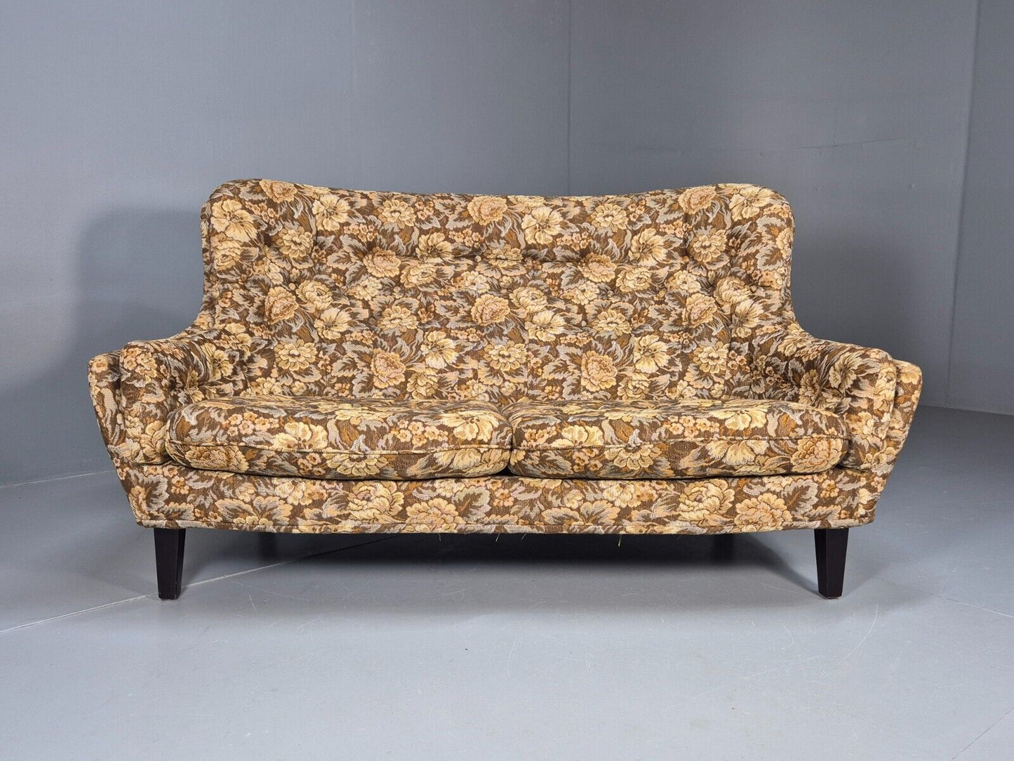Vintage Danish 2 Seat Sofa Brown Yellow Floral Curved Form Retro MCM EB8949 M2SS - UKDK FURNITURE