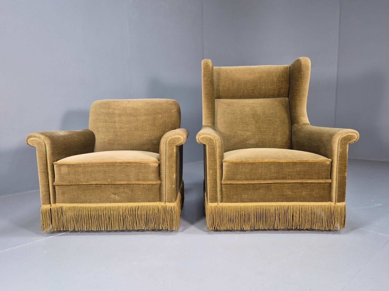 2 High and Low Back Danish Midcentury Chairs Green Velour Tassels EB8968 MNOR - UKDK FURNITURE