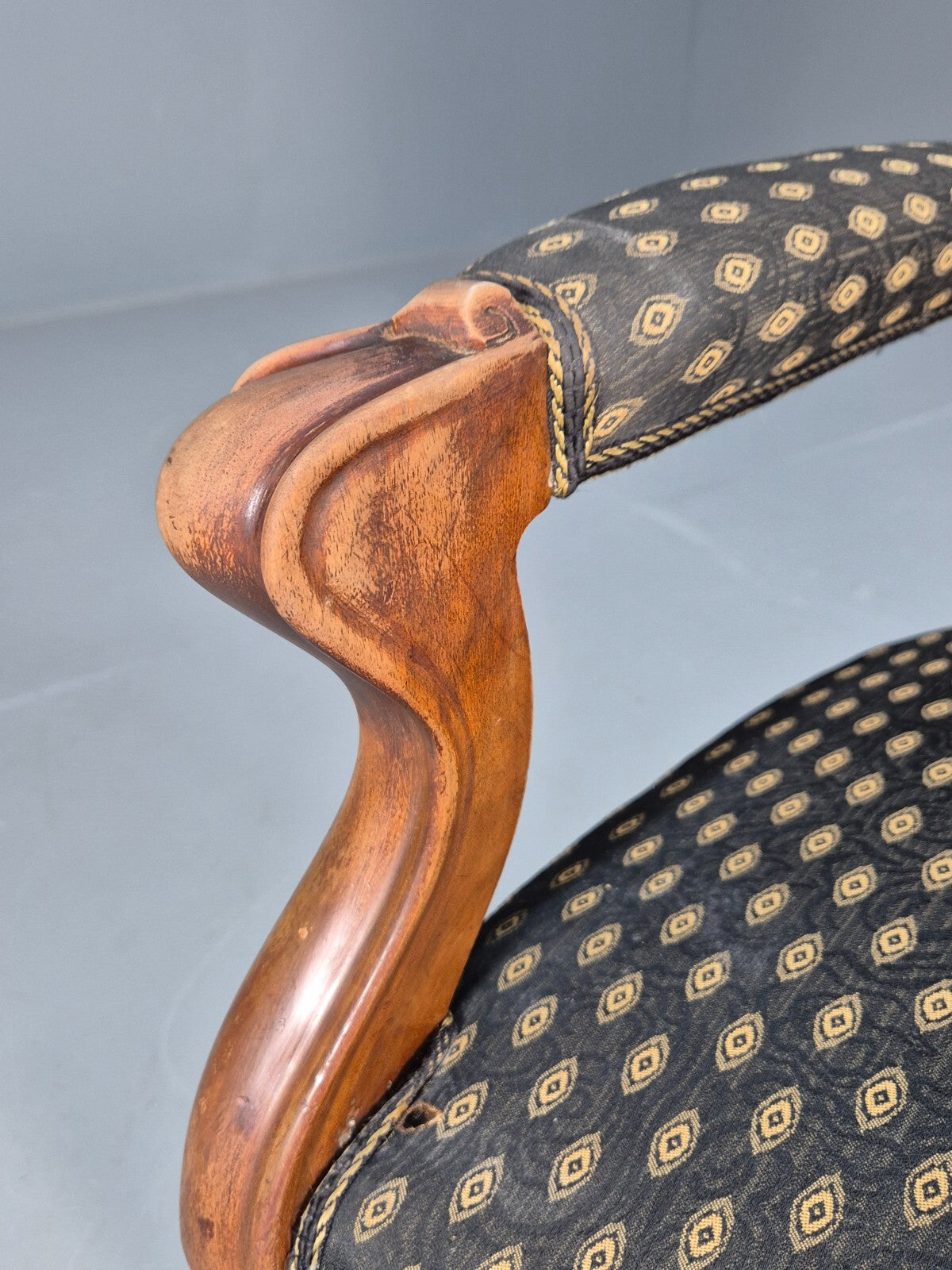 Antique Mahogany Armchair Black Pattern Fabric Louis XV Style EB9552 VCLO - UKDK FURNITURE