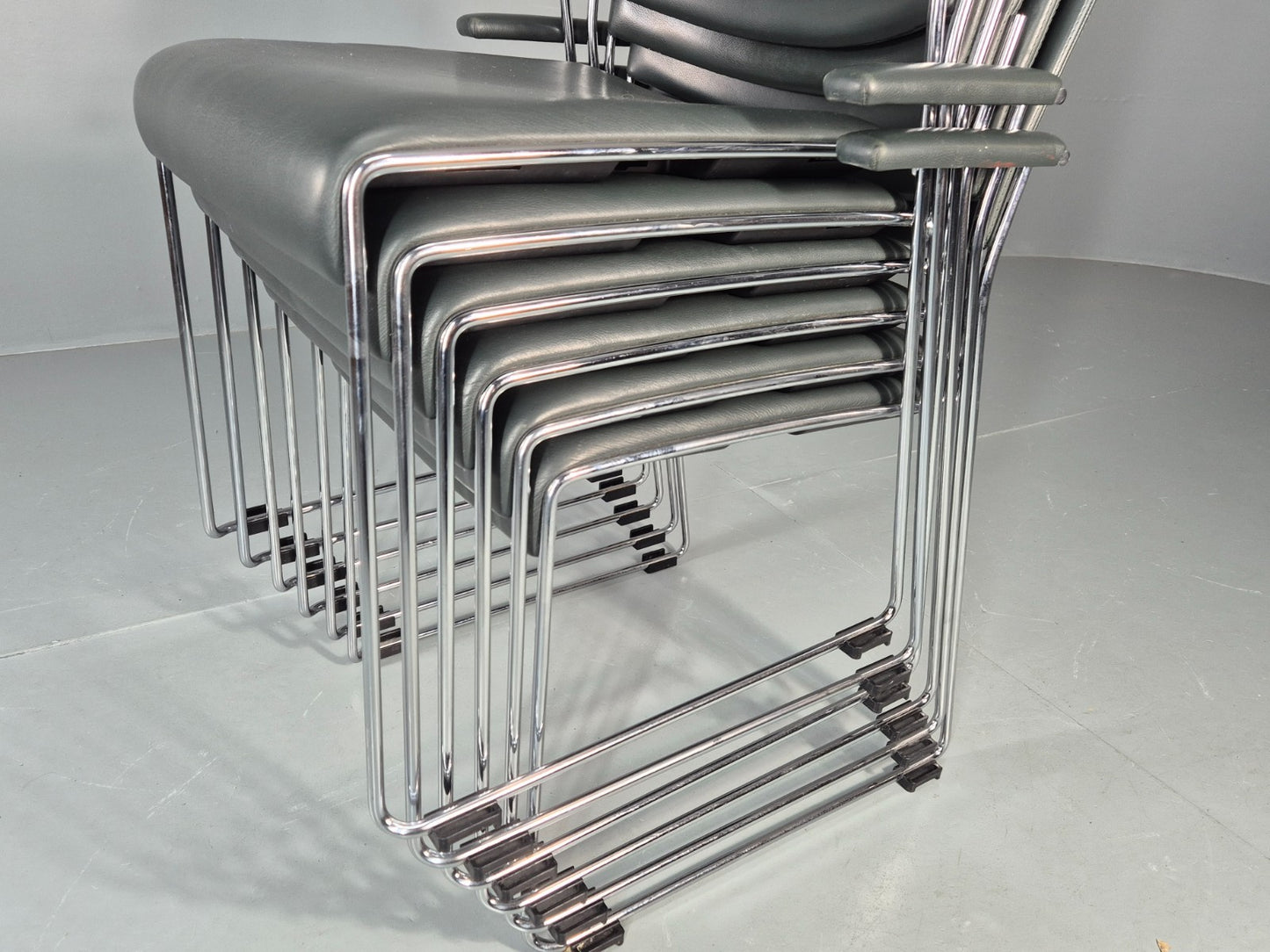 6 Leather Stacking Chairs Brunner Linos Dark Green Chrome Modern EB11734 MSTA9