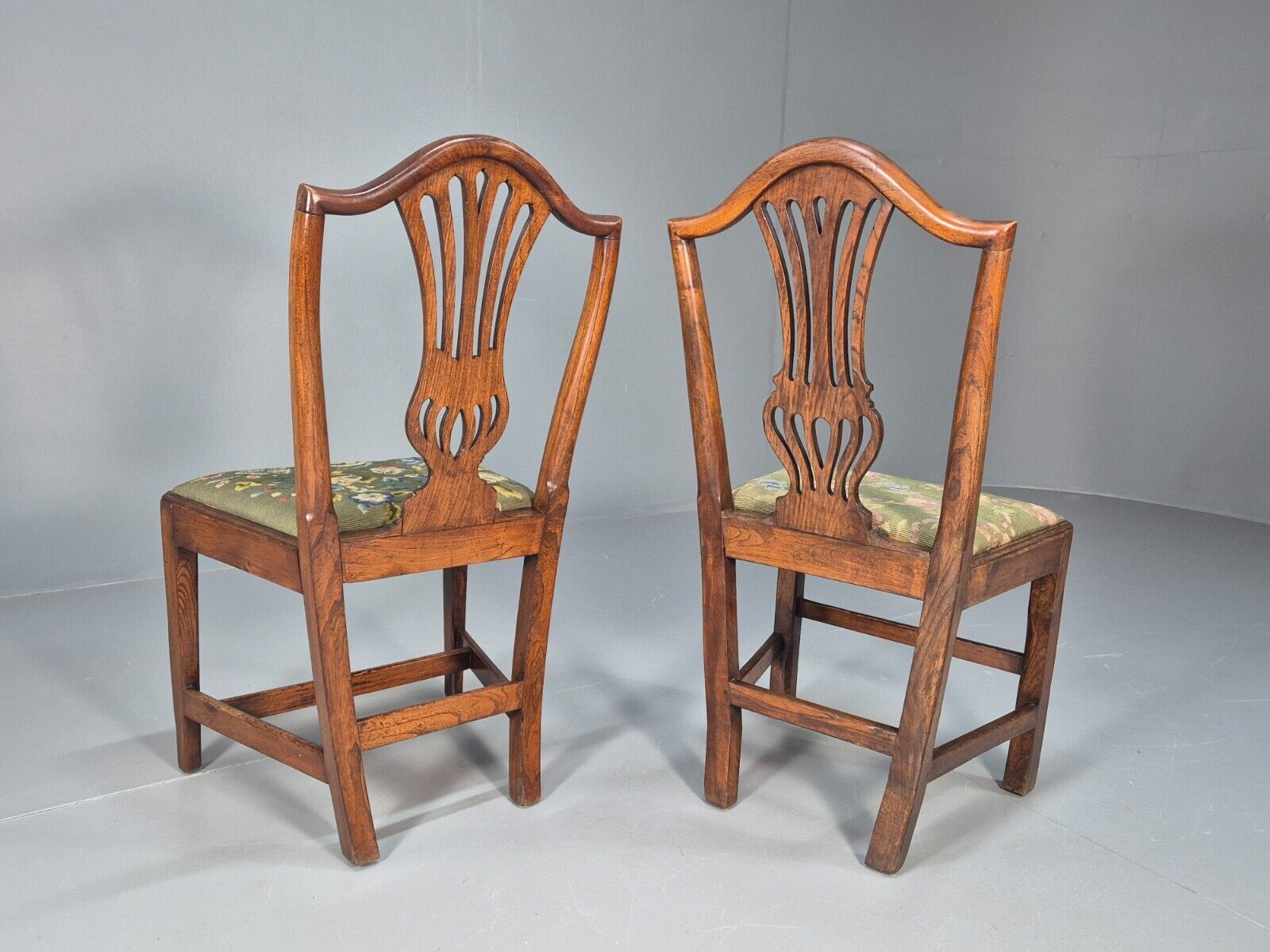 2 Vintage Oak Dining Chairs Green Floral Georgian Style Antique EB9084 VDIN - UKDK FURNITURE