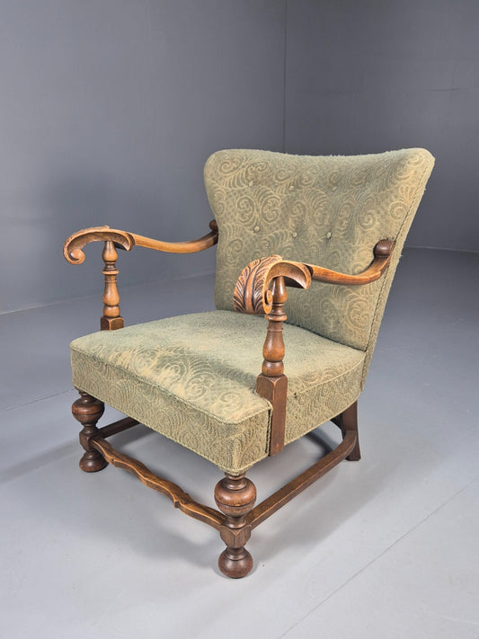 Vintage Danish Lounge Chair Green Moquette Carved Oak Frame 1940s EB8998 VCLO - UKDK FURNITURE