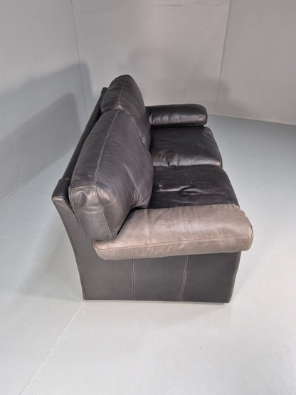 1980s Two Seater Sofa Faded Black Leather Boxy Style Retro Danish EB10714 M2SS12