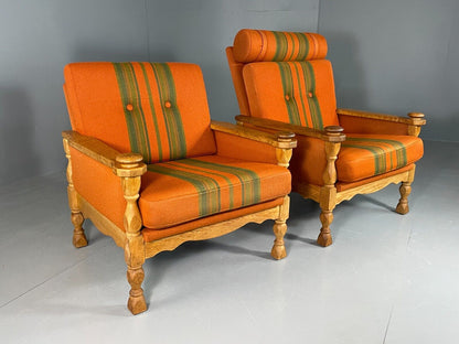 2 Vintage Danish Lounge Chairs Orange Green Oak Kjaernulf Retro MCM EB6716 MNOR - UKDK FURNITURE