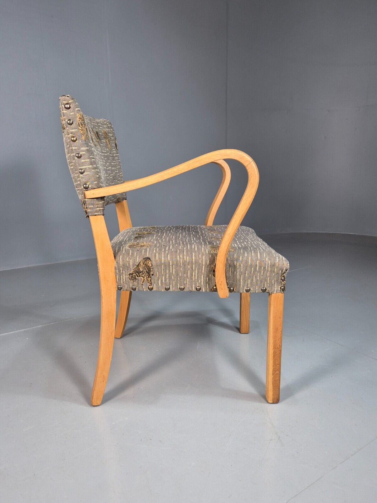 Vintage Danish Elbow Chair Tiger Motif Grey Beech Wood 1950s Retro EB8005 MDIN - UKDK FURNITURE