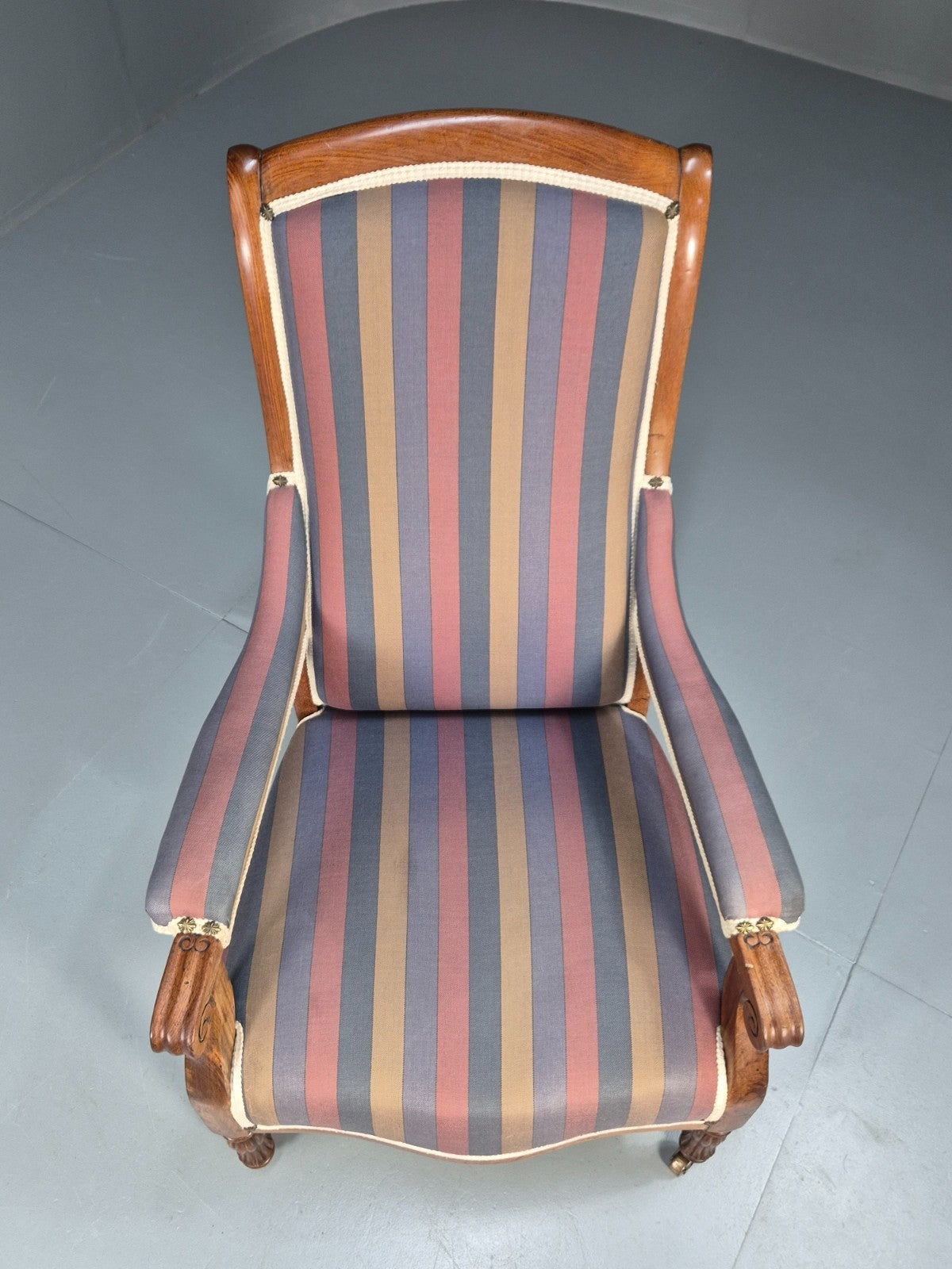 Antique Mahogany Lounge Chair Striped Cotton Upholstery EB10625 VCLO19