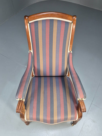 Antique Mahogany Lounge Chair Striped Cotton Upholstery EB10625 VCLO19
