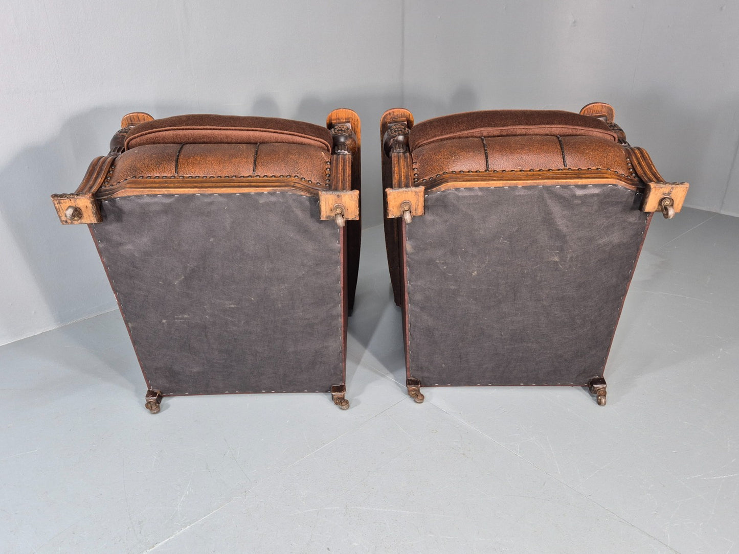 2 Edwardian Lounge Chairs Baroque Oak Frame Rexine and Velour EB11264 VLEA8