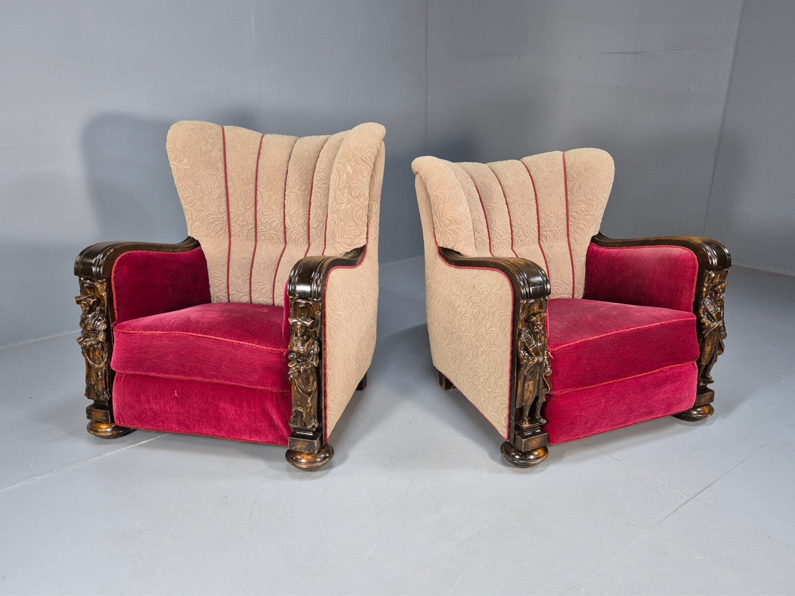 Art Deco Style Armchairs Pair Carved Oak Figures Creme Red Velour EB9586 VCAR - UKDK FURNITURE