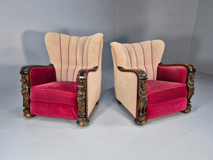 Art Deco Style Armchairs Pair Carved Oak Figures Creme Red Velour EB9586 VCAR - UKDK FURNITURE