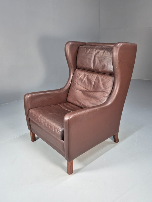 Vintage Brown Leather Wingback Chair Retro Mid Century Danish Design EB9329 MNOR - UKDK FURNITURE