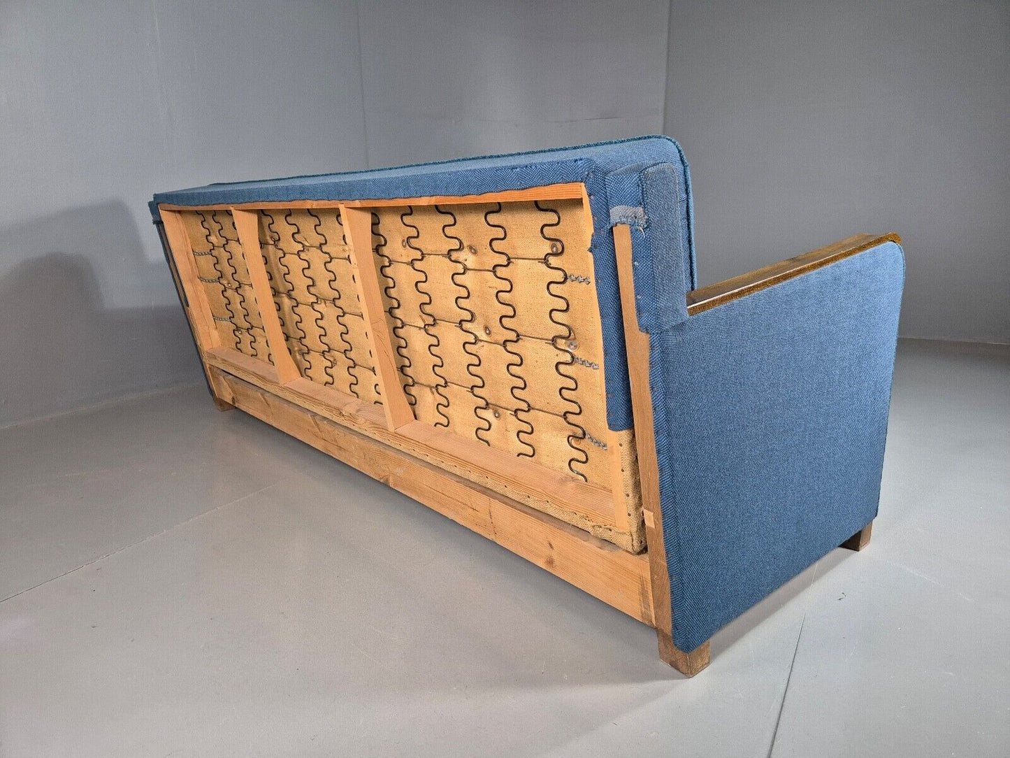 Vintage Danish Sofa Bed Blue Wool Teak Arms 1960s Retro MCM EB7259 M3SS - UKDK FURNITURE
