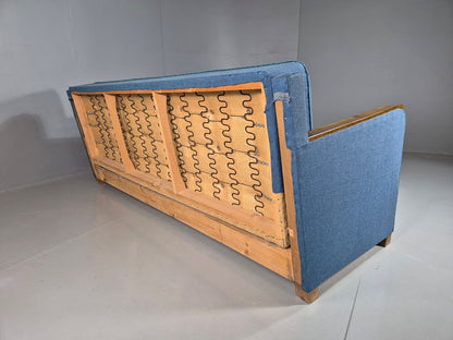 Vintage Danish Sofa Bed Blue Wool Teak Arms 1960s Retro MCM EB7259 M3SS - UKDK FURNITURE
