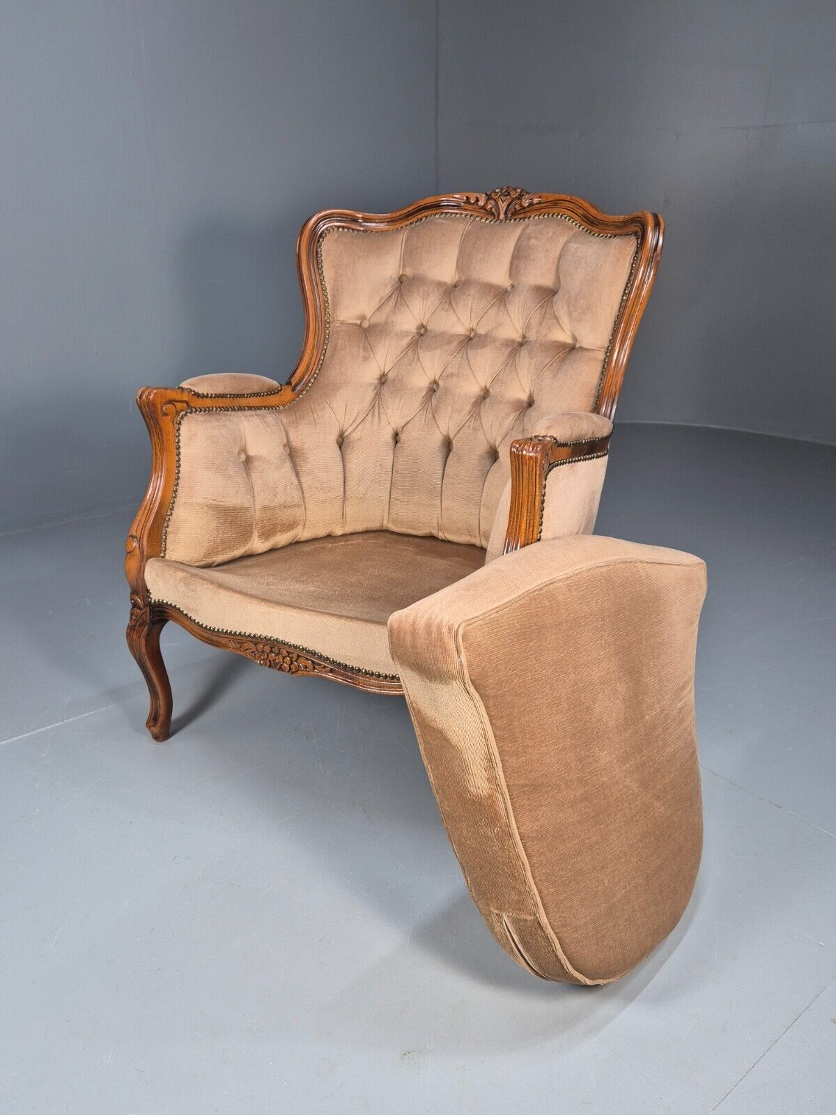 Vintage Danish Lounge Chair Beige Velour Beech Antique French Style EB8930 VCLO - UKDK FURNITURE