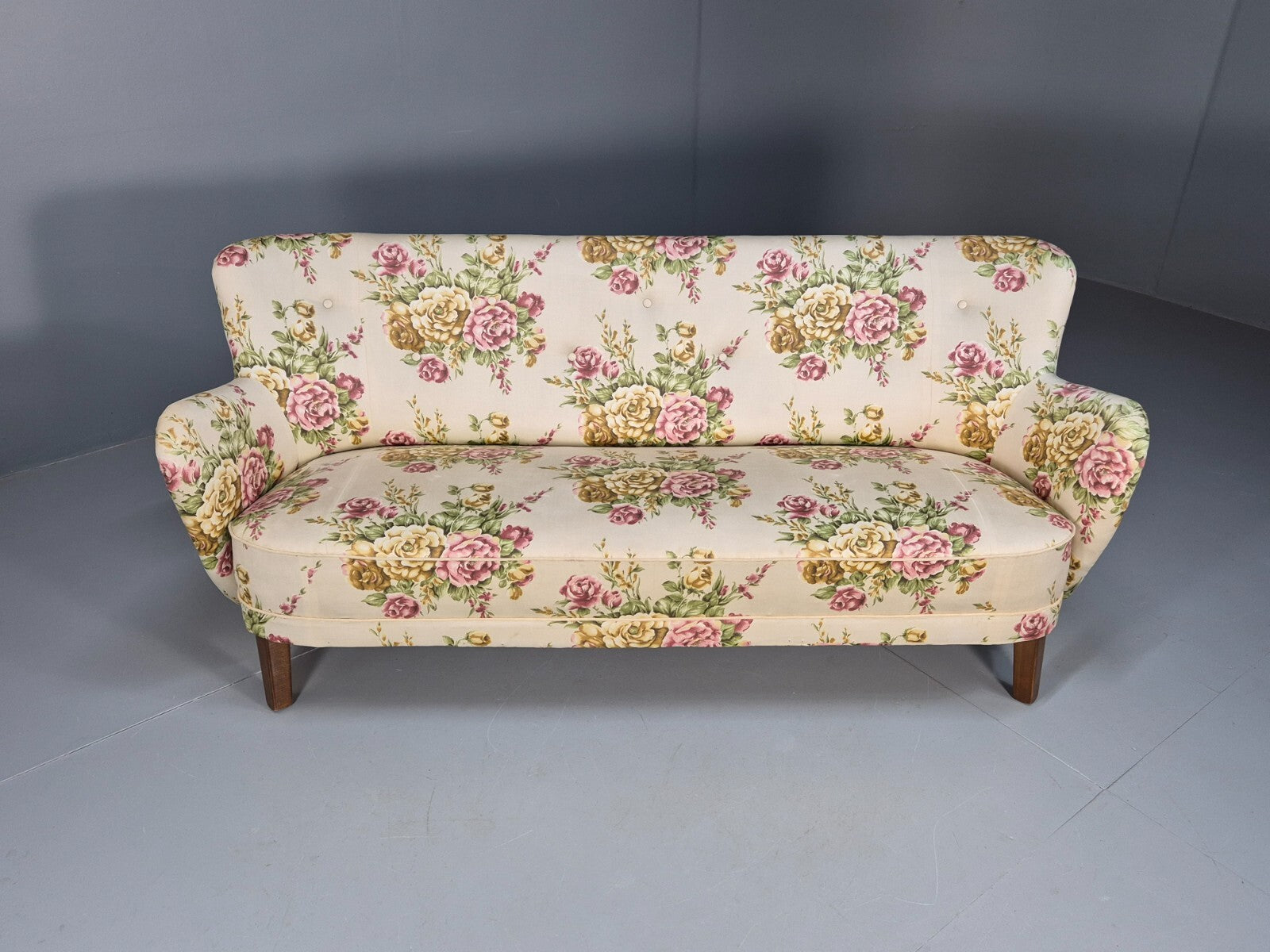 Vintage 3 Seater Sofa Floral Fabric 1950s Mid Century Danish Design EB9542 V3SS - UKDK FURNITURE